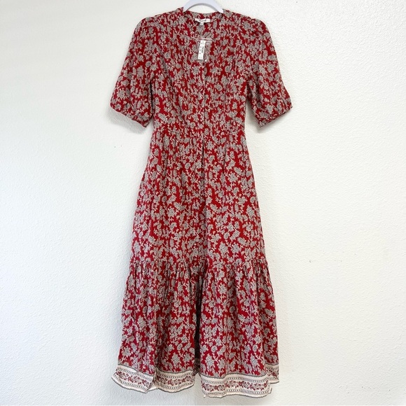 Madewell Pintucked Puff-Sleeve Midi Dress in Red Floral Fall Dress Size 00 NWT - Picture 7 of 15
